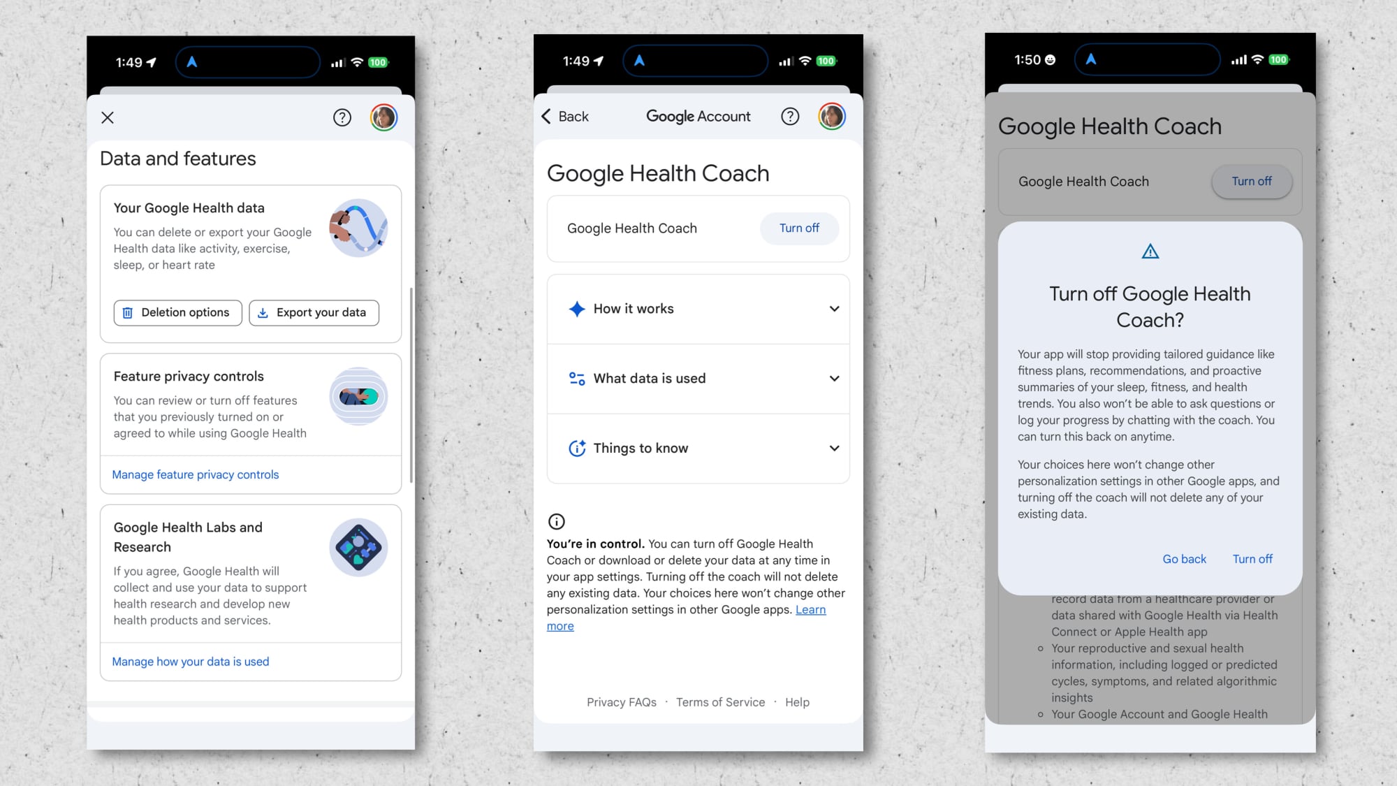 Screenshots for turning off Google Health Coach (see written instructions)